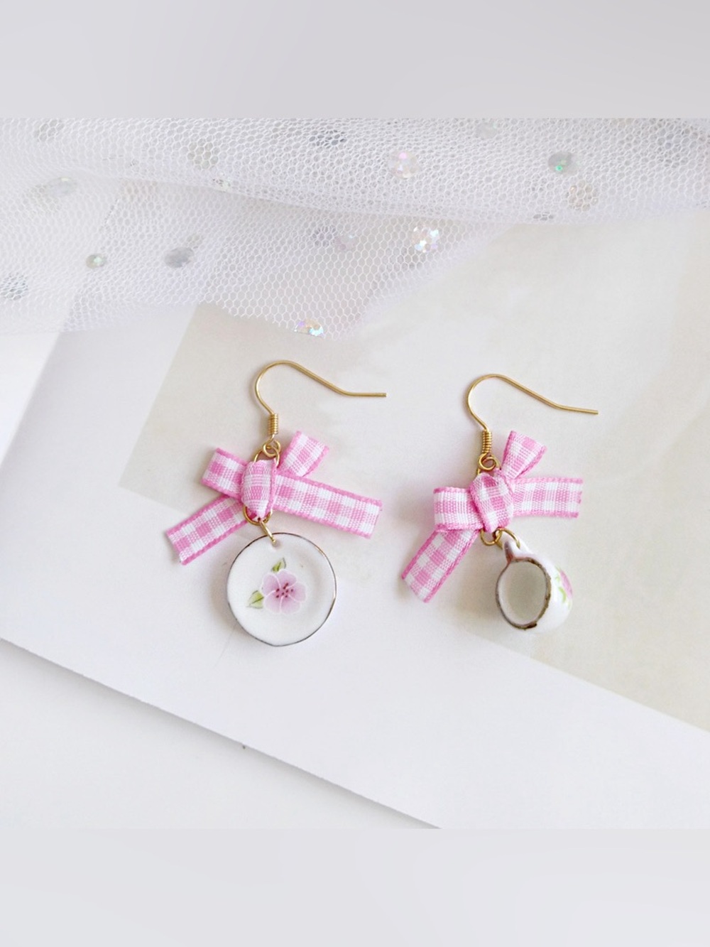 Korean Vintage Cute Tea Cup Dish Bow Drop Earrings